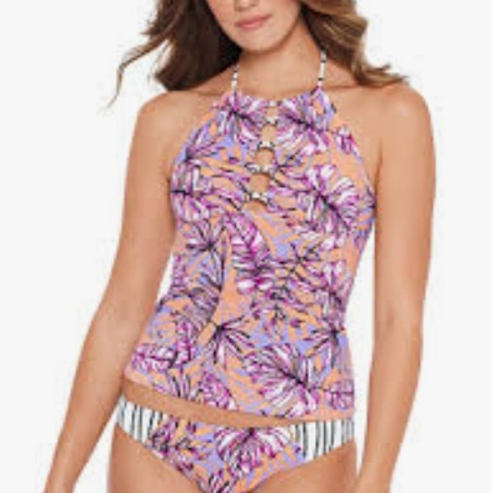 Salt & Cove Tankini Swim Suit Top M Halter Tropical Pink Purple 832 - Picture 5 of 5